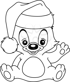 Outlined christmas teddy bear waving and wearing a santa hat. Vector line art illustration coloring page.