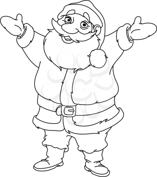 Outlined cheerful Santa Claus raising his arms. Vector line art illustration coloring page.