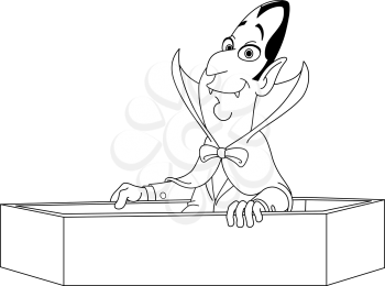 Outlined vampire raising from his coffin. Vector line art illustration coloring page.