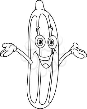 Outlined cartoon cucumber raising his arms. Vector line art illustration coloring page.