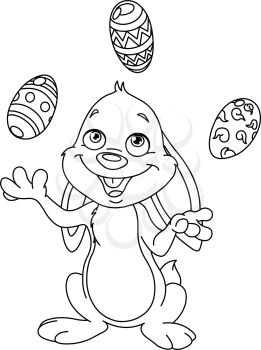 Outlined happy bunny juggling Easter eggs. Vector line art illustration coloring page.