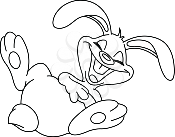Outlined Bunny rolling on the floor laughing. Vector line art illustration coloring page.