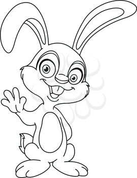 Outlined Smiling bunny waving with his hand. Vector line art illustration coloring page.