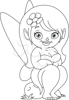 Outlined cute fairy sitting on a rock. Vector line art illustration coloring page.