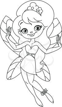 Outlined cheerful young fairy. Vector line art illustration coloring page.