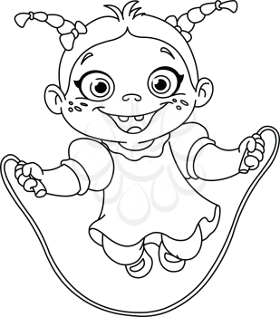 Outlined young girl playing with a jump rope. Vector line art illustration coloring page.