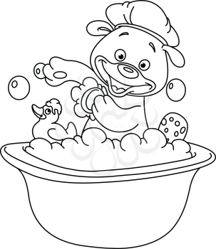 Outlined teddy bear taking a bath. Vector line art illustration coloring page.