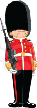 Character design of a Queen's Guard in traditional uniform, British soldier isolated on white.