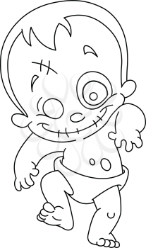 Outlined happy zombie baby. Vector line art illustration coloring page.