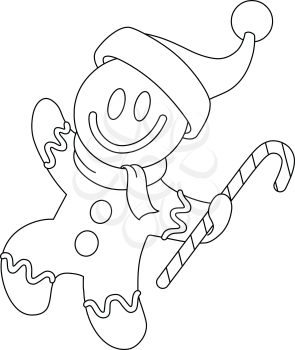 Happy Christmas gingerbread man wearing Santa hat and holding a candy cane. Vector line art illustration coloring page.