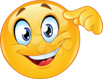 Happy emoji emoticon pointing finger at forehead