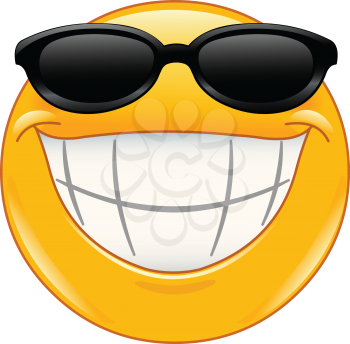 Emoji emoticon with big toothy smile wearing black sunglasses 