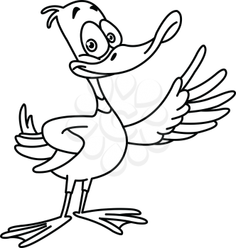 Outlined cartoon duck presenting with his wing. Vector line art illustration coloring page.
