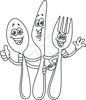 Outlined happy cartoon silverware, spoon knife and fork. Vector line art illustration coloring page.