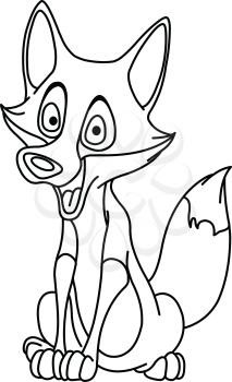 Outlined happy sitting fox. Vector line art illustration coloring page.
