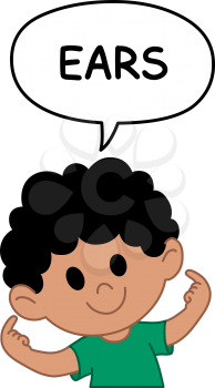Young kid boy pointing to and saying ears in a speech bubble. Illustration from naming face and body parts serious.