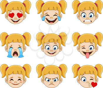 Emoji face expressions collection of a young blond girl with ponytails and blue eyes