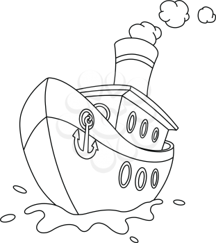 Outlined steam ship with an anchor on the front. Vector line art illustration coloring page.