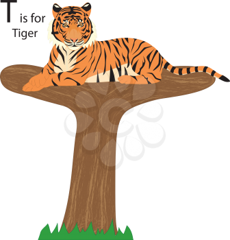 Royalty Free Clipart Image of a Tiger lying on a tree making the letter 'T'