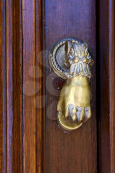 brass brown knocker in a closed wood  door colonia del sacramento uruguay