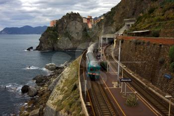 the stairs and the railway in village of manarola in the north of italy,liguria