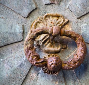abstract  rusty brass brown knocker in a   closed wood door  castiglione olona varese italy
