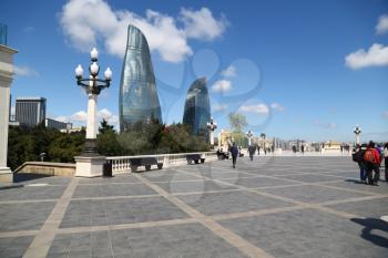 AZERBAIJAN, BAKU-CIRCA MAY 2019--unidentified people near the flame towers
