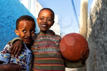 ETHIOPIA,LALIBELA-CIRCA  JANUARY 2018--unidentified children and a ball concept of  friendship