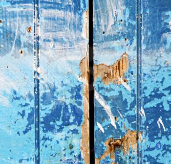 stripped paint in the blue wood door and rusty nail