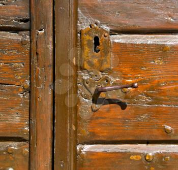 samarate  abstract   rusty brass brown knocker in a  door curch  closed wood lombardy italy  varese 