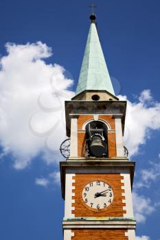 church   olgiate olona   italy the old wall terrace church window  clock and bell tower