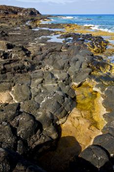 in lanzarote froth coastline  spain pond  rock stone sky cloud beach  water  musk  and summer    
