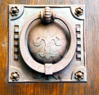 castellanza blur lombardy   abstract   rusty brass brown knocker in a  door curch  closed wood italy   cross
