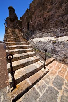 step arrecife  drawbridge  lanzarote  spain the old wall castle  sentry tower and door  in teguise 
