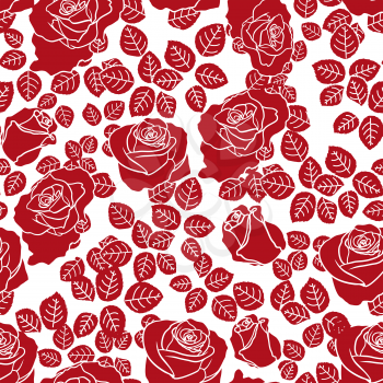 Red roses on white background, hand drawing bicolour seamless vector pattern