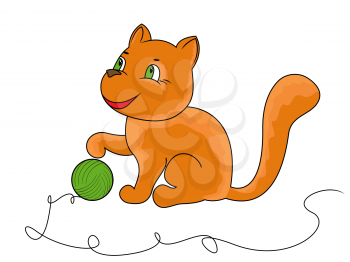Little funny cat plays with a ball of yarn, cartoon vector illustration