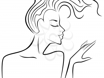 Abstract female head silhouette with flowing hair and hand, vector illustration