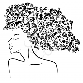 Abstract black female head contour with floral elements as a hair, hand drawing vector illustration