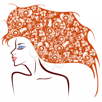 Abstract female head contour with floral elements as a hair, hand drawing vector illustration