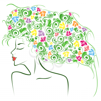 Abstract female head contour with colourful floral elements as a hair, hand drawing vector illustration