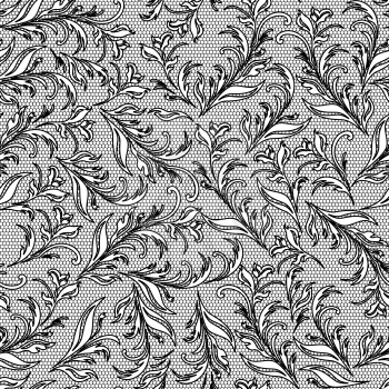 Vector black and white seamless pattern with herbal elements on the grid background
