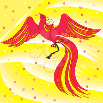 Beautiful graceful red firebird on abstract background with yellow shades. Hand drawing vector illustration