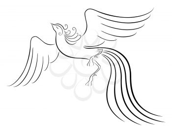 Black graceful Firebird contour isolated over white. Hand drawing vector illustration