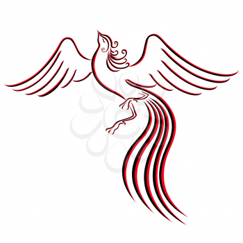 Black and red graceful Firebird contour isolated over white. Hand drawing vector illustration