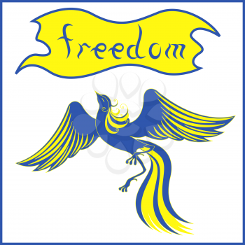 Graceful bird Phoenix that symbolizing a freedom in blue and yellow national flag colors of Ukraine. Hand drawing vector illustration