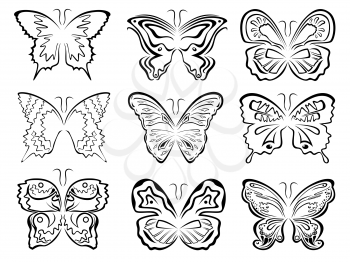 Set of six black butterflies contours over white, hand drawing vector artwork