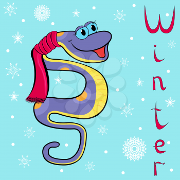 Why Boa is so cold in winter? Cheerful Boa Constrictor wrapped in a scarf on neck on the background of a winter motif. Hand drawing cartoon vector illustration
