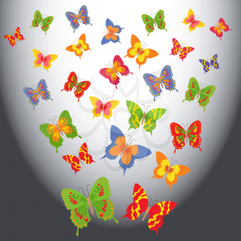 Colorful animated butterflies flying in a light space. Hand drawing vector illustration