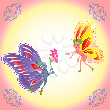 Colorful cartoon butterflies pair in romantic flight on a lighting background. Hand drawing vector illustration