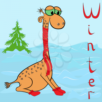 Why Giraffe is so cold in winter? Cheerful Giraffe wrapped in a scarf on neck on the background of a winter landscape. Hand drawing cartoon vector illustration